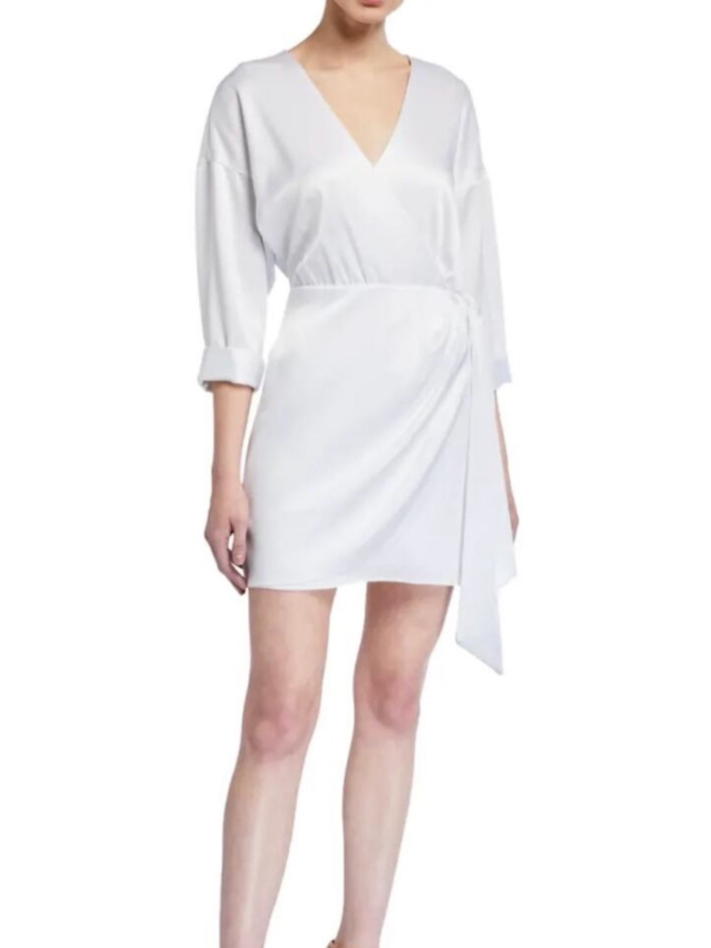 Alice + Olivia Ophelia White Satin Faux Wrap Dress 6 NEW 3/4th Sleeve Mini